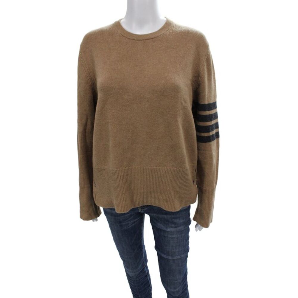 Thom Browne Women Striped Brown Wool Crewneck Pullover Sweater Size 3